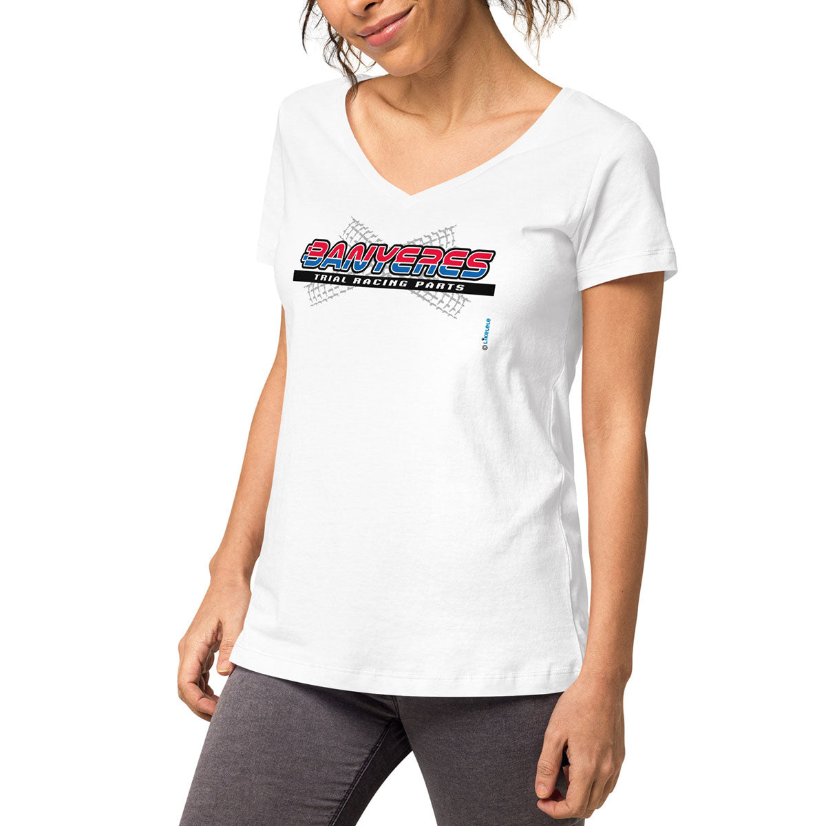 BANYERES TRIAL RACING PARTS · Camiseta m/corta·cuello pico·Mujer · Medium·Blanco-153a